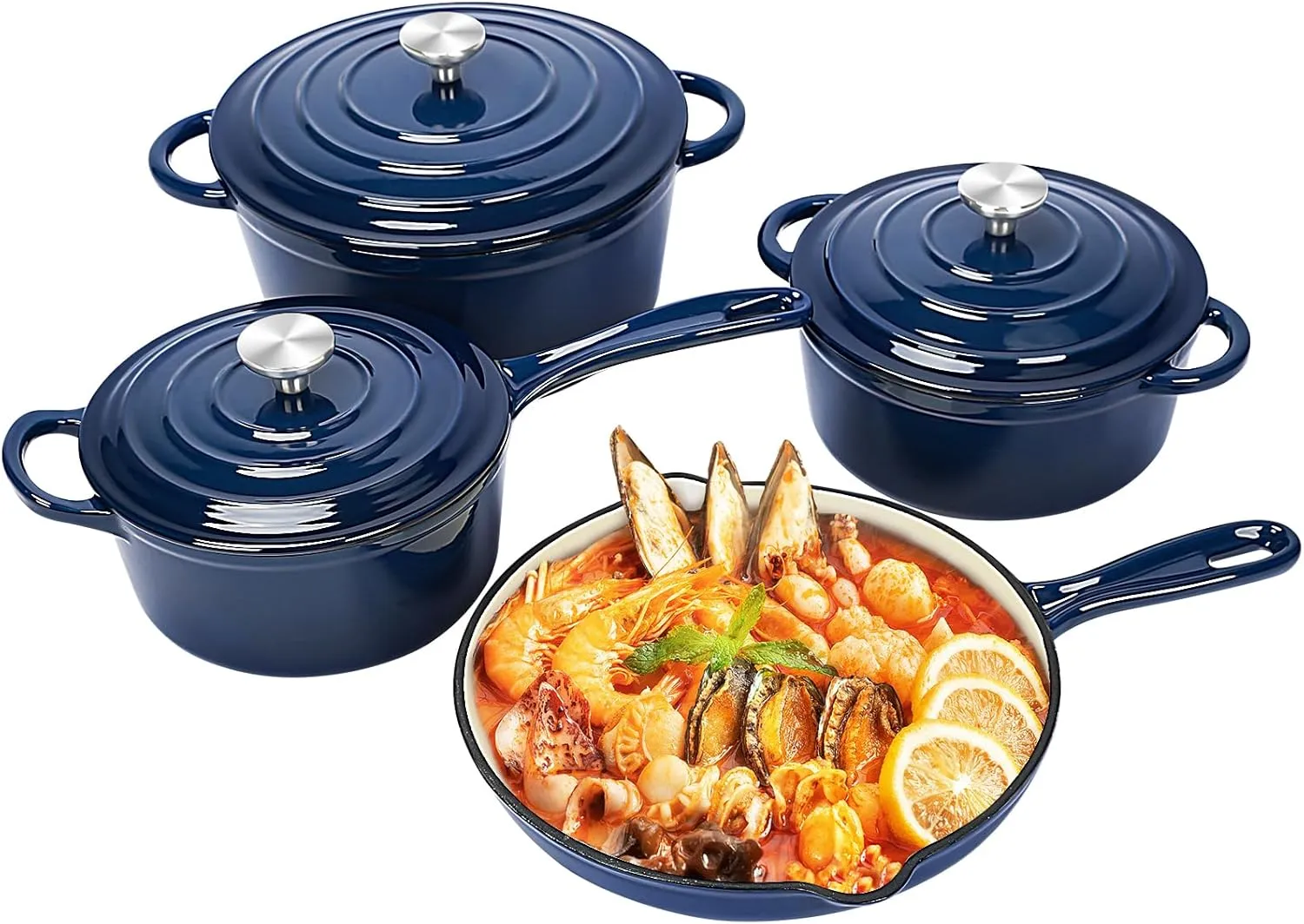 QuliMetal Nonstick Enameled Cast Iron Cookware Set, Frying Pan Skillet- 7-Pcs Pots and Pans with Lid, Healthy Round Dutch Oven Pot for Sourdough Bread Baking, Oven Safe up to 500° F or on All Stovetop