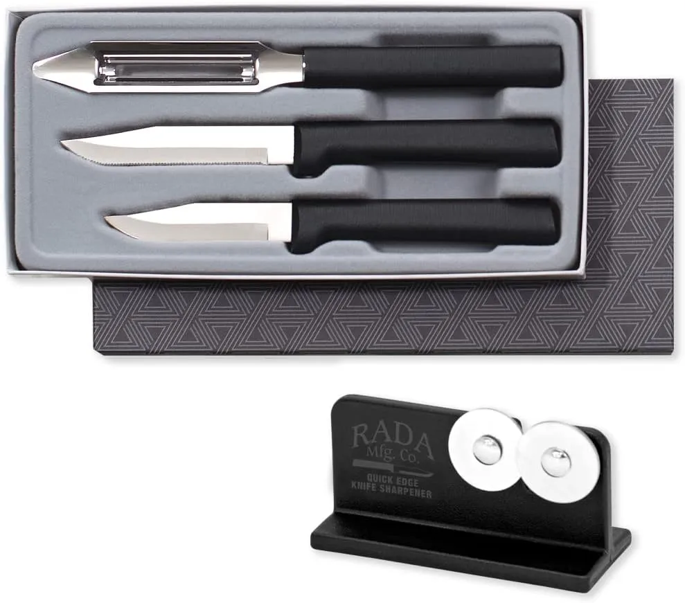 Rada Cutlery 3-Piece Kitchen Basics Knives Gift Set with Quick Edge Sharpener, Made in USA, Black Handles