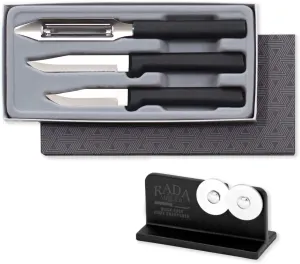 Rada Cutlery 3-Piece Kitchen Basics Knives Gift Set with Quick Edge Sharpener, Made in USA, Black Handles