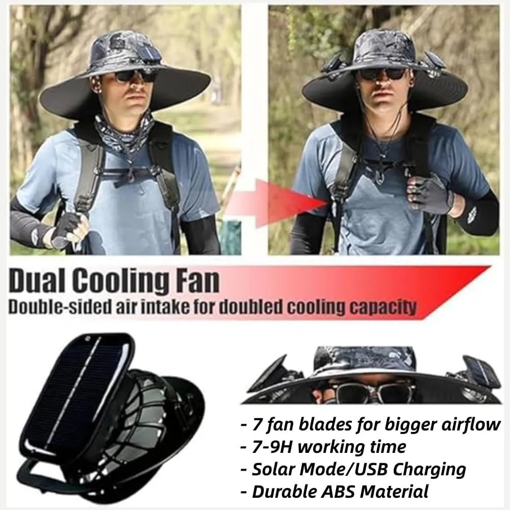 RAPTURA Outdoor Wide Brim Solar Fan Hat with 2 Solar Fan, Solar Fan Hats for Men Women, Solar & USB Charging UPF 50 