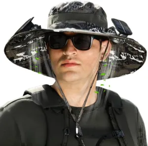 RAPTURA Outdoor Wide Brim Solar Fan Hat with 2 Solar Fan, Solar Fan Hats for Men Women, Solar & USB Charging UPF 50 