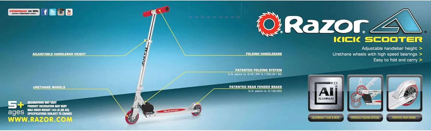 Razor A Kick Scooter for Kids - Lightweight, Foldable, Aluminum Frame, and Adjustable Handlebars