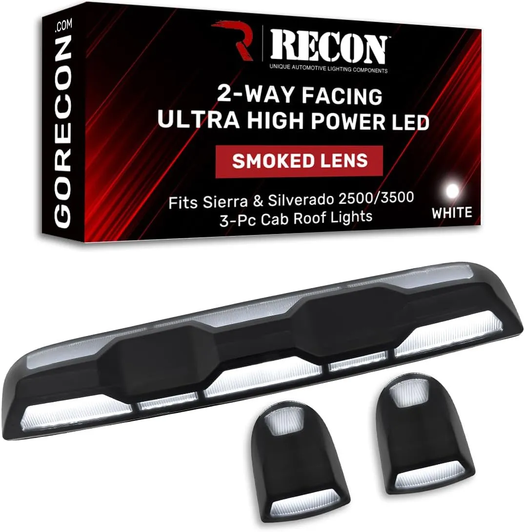 RECON - Fits 20-24 Sierra & Silverado 2500/3500 3-PC Cab Roof Lights Front & Rear Ultra High Power LED Multiple Lens & Colors (Replaces Factory/OEM Cab Lights Only) (WHITE LED, SMOKED LENS)