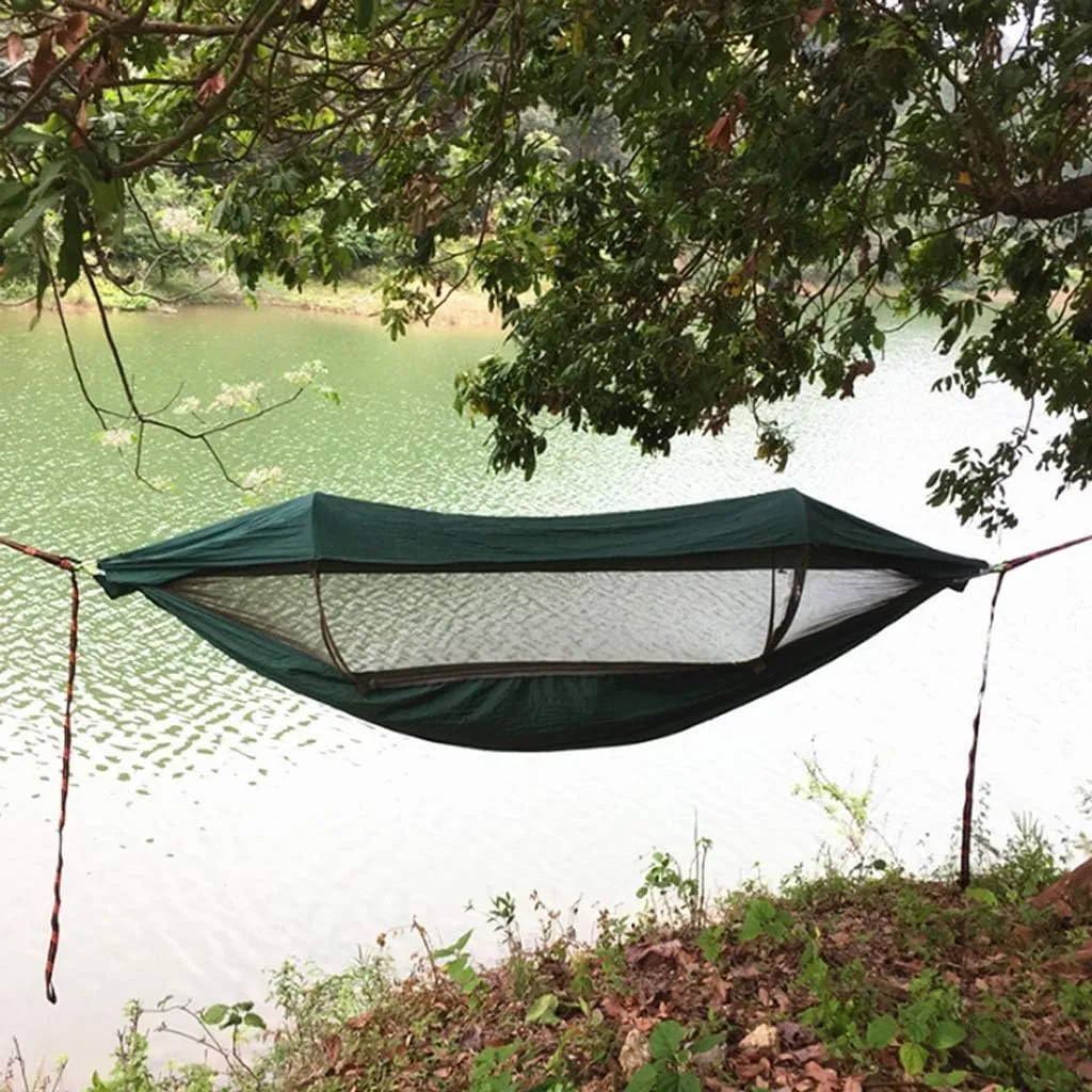 Recreation 1-2 Person Portable Outdoor Camping Hammock with Awning Mosquito Net High Strength Parachute Fabric Hanging Bed Hunting Swing Gifts for Hikers