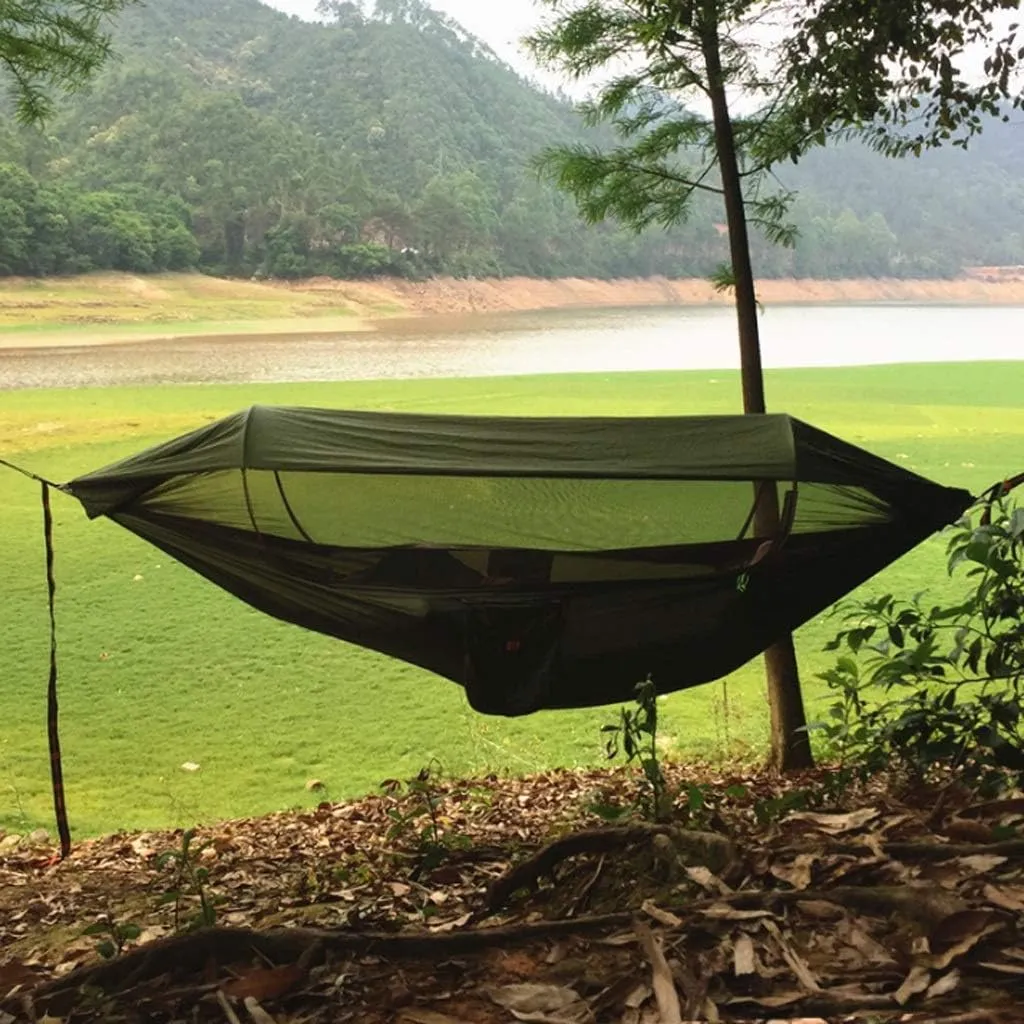 Recreation 1-2 Person Portable Outdoor Camping Hammock with Awning Mosquito Net High Strength Parachute Fabric Hanging Bed Hunting Swing Gifts for Hikers