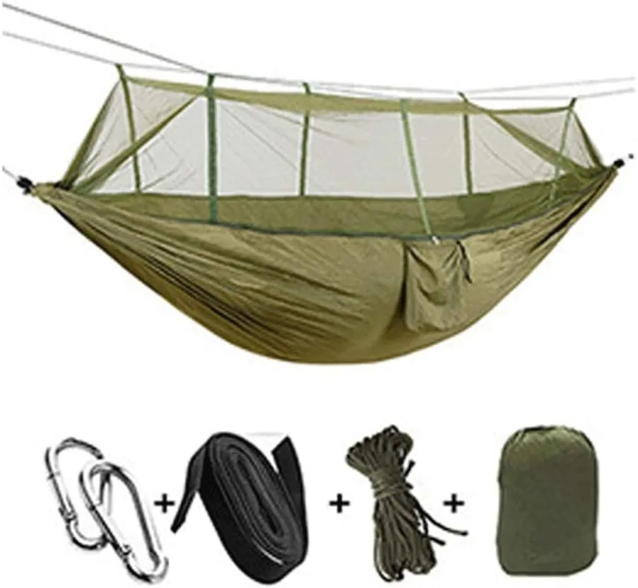 Recreation 1-2 Person Portable Outdoor Camping Hammock with Mosquito Net High Strength Parachute Fabric Hanging Bed Hunting Sleeping Swing Gifts for Hikers
