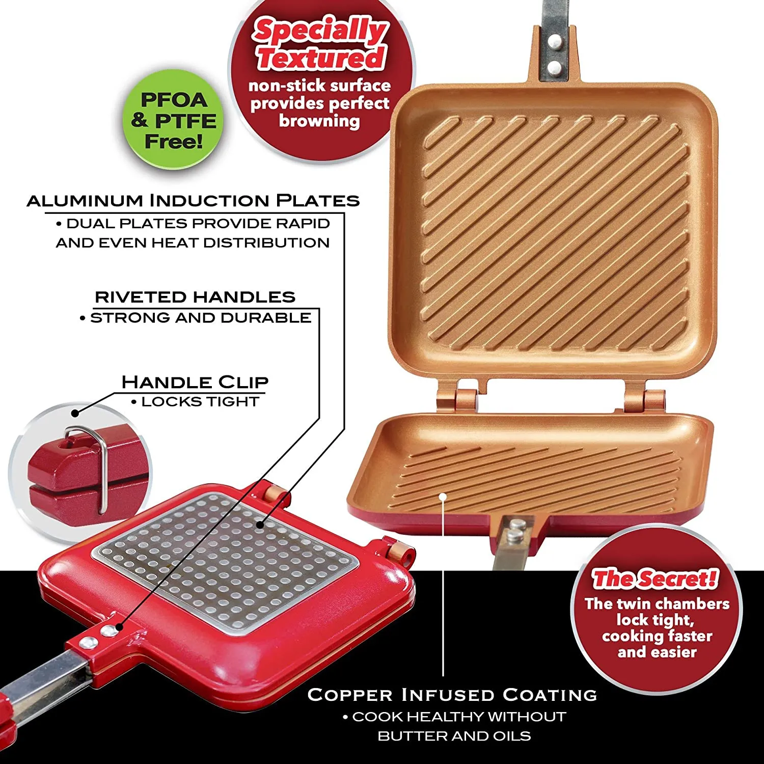 Red Copper Flipwich Non-Stick Grilled Sandwich and Panini Maker