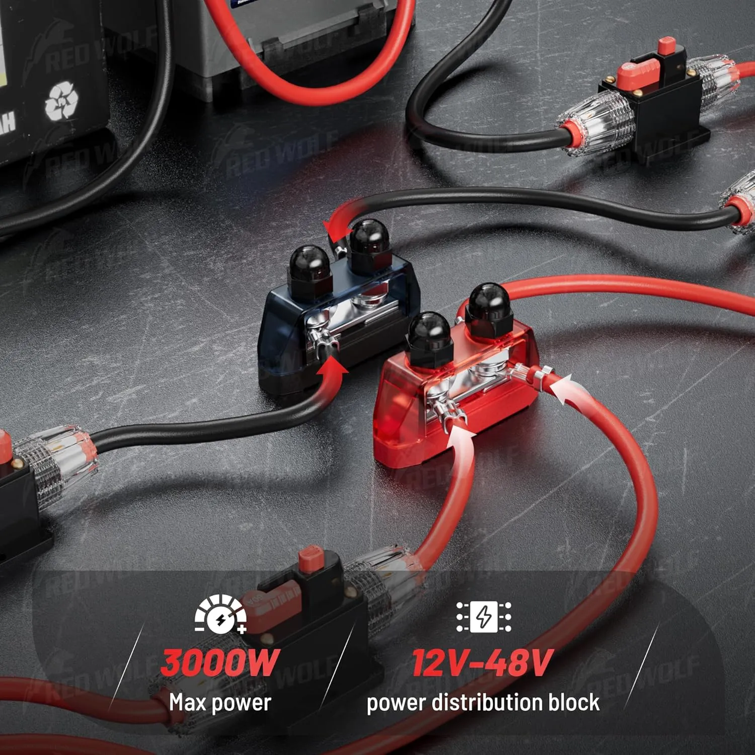 RED WOLF 2PCS 5/16" M8 Dual Stud Bus Bar 12-48V Power Distribution Block Holder 250A DC MAX, Battery Terminal Junction Dual Power Stud Busbar for Car Marine Boat Red & Black w/Screws