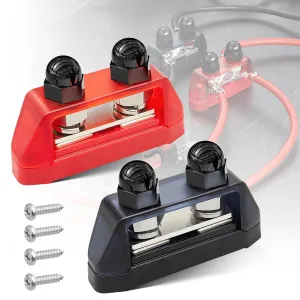 RED WOLF 2PCS 5/16" M8 Dual Stud Bus Bar 12-48V Power Distribution Block Holder 250A DC MAX, Battery Terminal Junction Dual Power Stud Busbar for Car Marine Boat Red & Black w/Screws