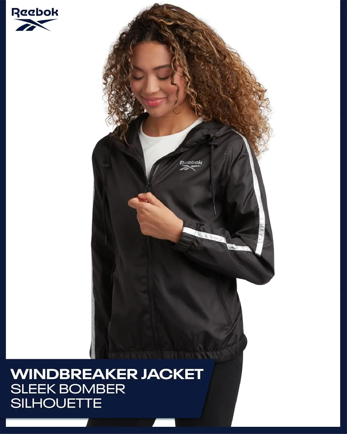 Reebok Womens Windbreaker Jacket - Lightweight Water and Wind Resistant Outdoor Hooded Rain Coat for Running (Sizes: S-XL)