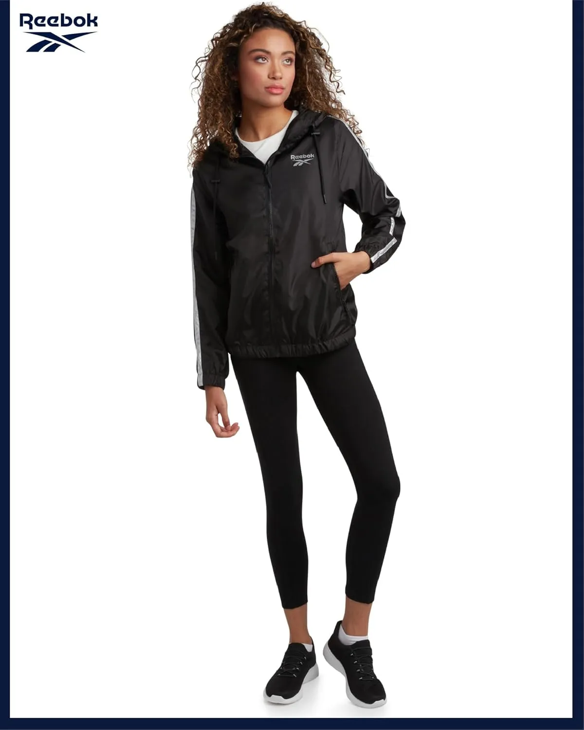 Reebok Womens Windbreaker Jacket - Lightweight Water and Wind Resistant Outdoor Hooded Rain Coat for Running (Sizes: S-XL)