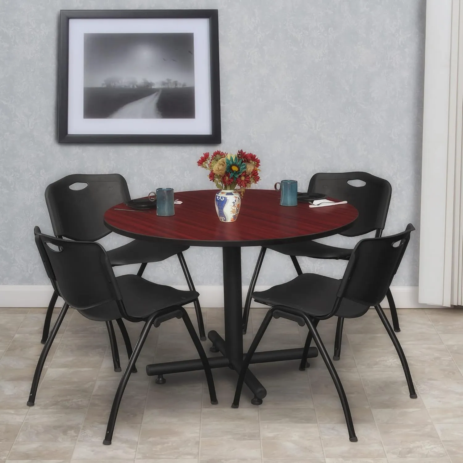 Regency Kobe 48 in. Round Breakroom Table- Mahogany, 4 M Stack Chairs- Black