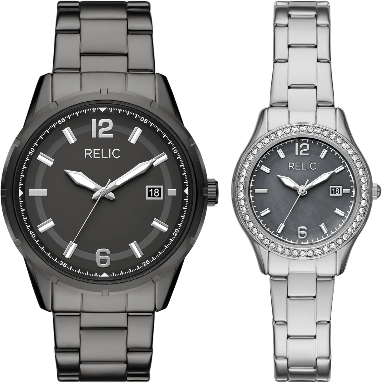 RELIC by Fossil Three-Hand Date Gunmetal & Silver-Tone Stainless Steel His and Hers Watch Gift Set (Model: ZR97015)