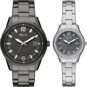 RELIC by Fossil Three-Hand Date Gunmetal & Silver-Tone Stainless Steel His and Hers Watch Gift Set (Model: ZR97015)