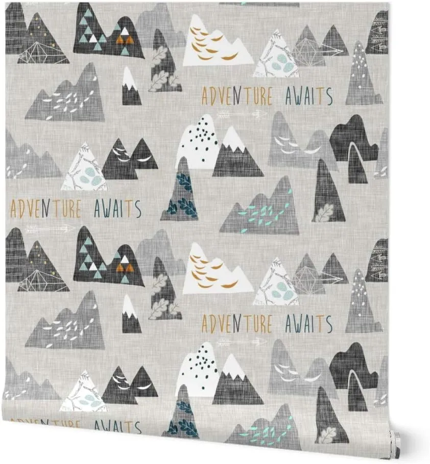 Removable Wallpaper 12ft x 2ft - Adventure Regular Mountain Explore Boy Nursery Wilderness Camping Bohemian Woodland Mountains Nature Custom Pre-Pasted Wallpaper by Spoonflower