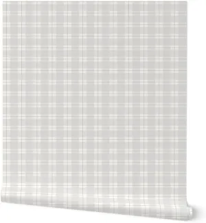 Removable Wallpaper 12ft x 2ft - Grey Tartan Cottagecore Farmhouse Neutral Coastal Gray Plaid Boho Chic Calm Tranquil Custom Pre-Pasted Wallpaper by Spoonflower