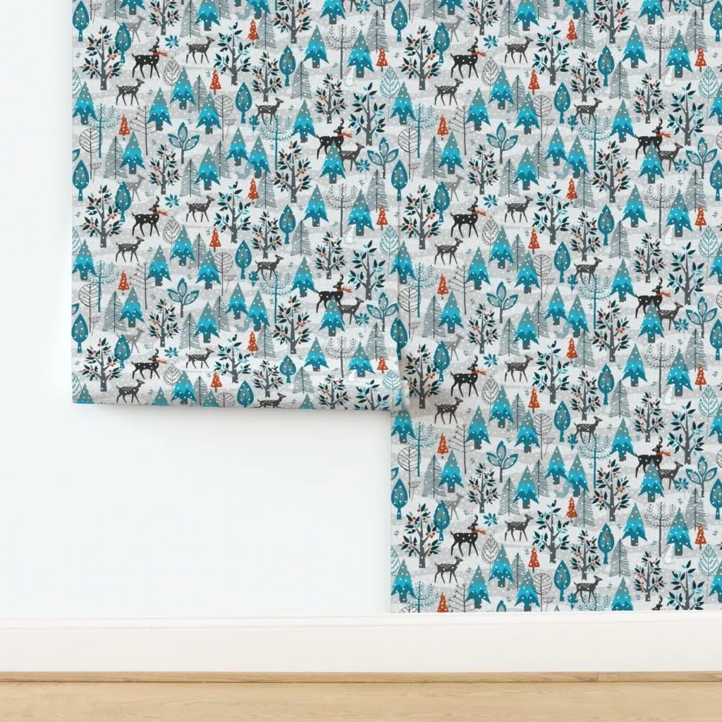 Removable Wallpaper 3ft x 2ft - Winter Snow Woodland Animals Forest Trees Deer Day Holiday Christmas Blue White Stag Custom Pre-Pasted Wallpaper by Spoonflower