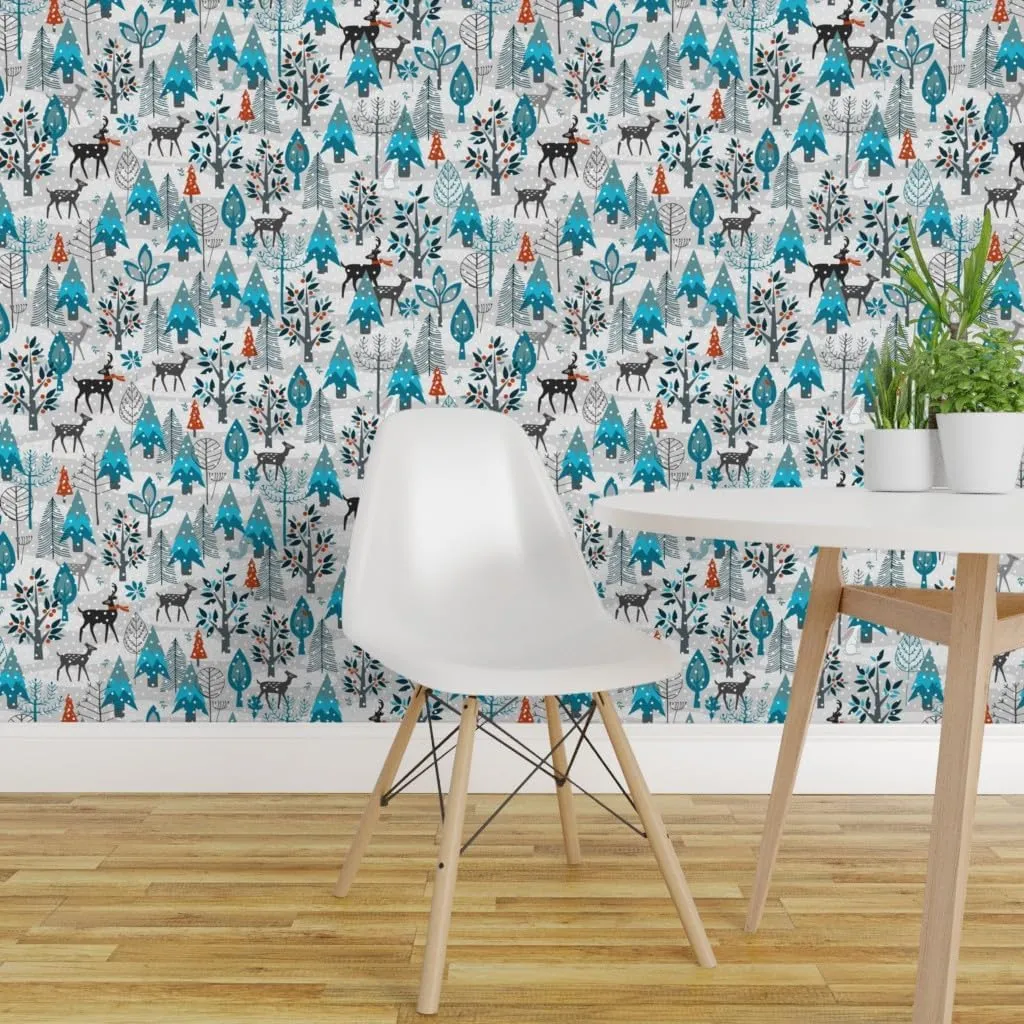 Removable Wallpaper 3ft x 2ft - Winter Snow Woodland Animals Forest Trees Deer Day Holiday Christmas Blue White Stag Custom Pre-Pasted Wallpaper by Spoonflower