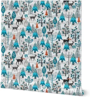 Removable Wallpaper 3ft x 2ft - Winter Snow Woodland Animals Forest Trees Deer Day Holiday Christmas Blue White Stag Custom Pre-Pasted Wallpaper by Spoonflower