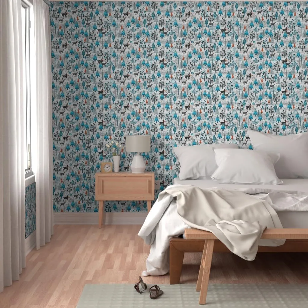Removable Wallpaper 3ft x 2ft - Winter Snow Woodland Animals Forest Trees Deer Day Holiday Christmas Blue White Stag Custom Pre-Pasted Wallpaper by Spoonflower