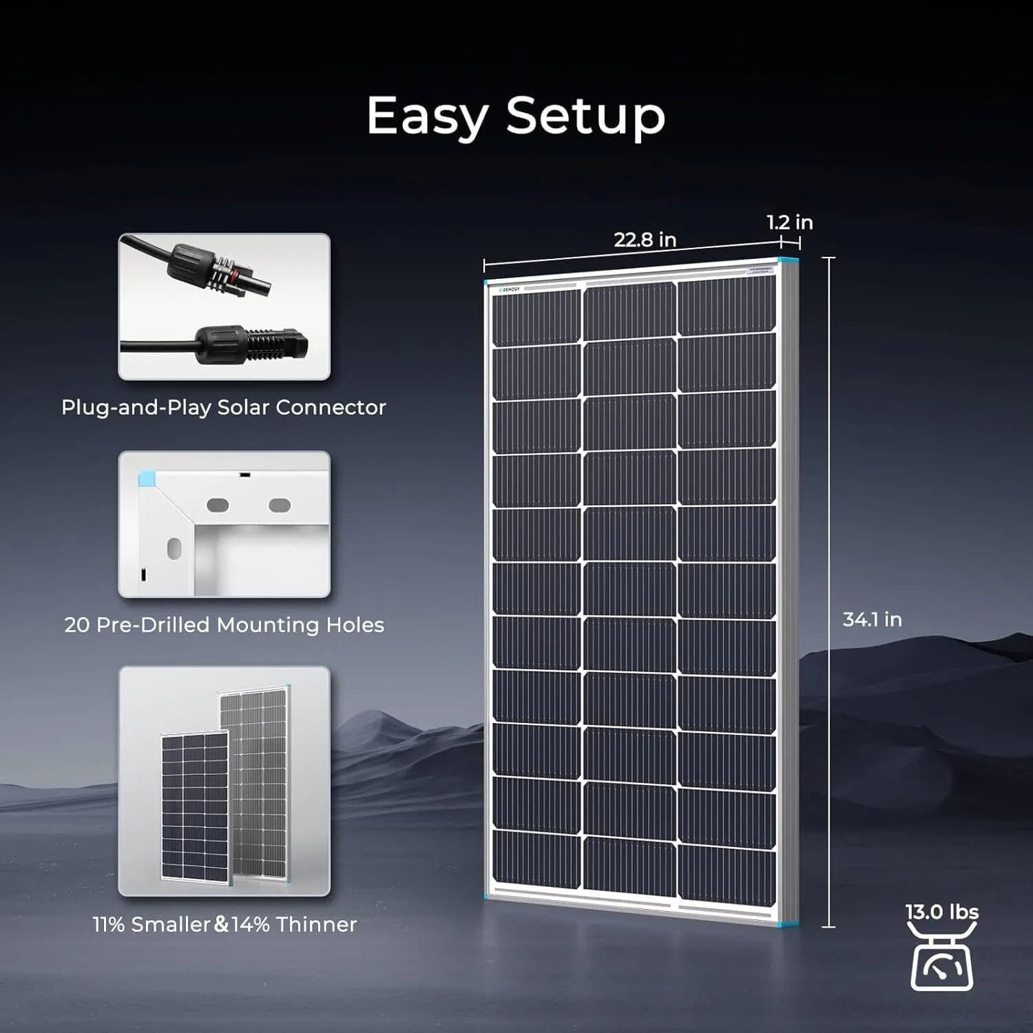 Renogy N-Type 100 Watt Solar Panel with Mounting Z Brackets, 16BB 100W Solar Panel 12V, 25% High Efficiency PV Module Power Charger for RV Camper Marine Home Rooftop Off-Grid