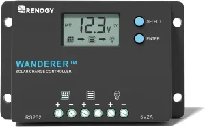 Renogy Wanderer 10A Solar Charge Controller - 12V/24V PWM Auto-Detect, LCD Display, USB & Lithium Support, Waterproof for RV Marine Off-Grid