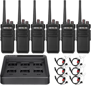 Retevis RB23 IP67 Waterproof Walkie Talkie, Long Range Two-Way Radio with Earphone and Microphone Set, 1800mAh, Rugged, with 6-Way Multi-Bank Charger for Commercial Warehouse Construction (6 Pack)