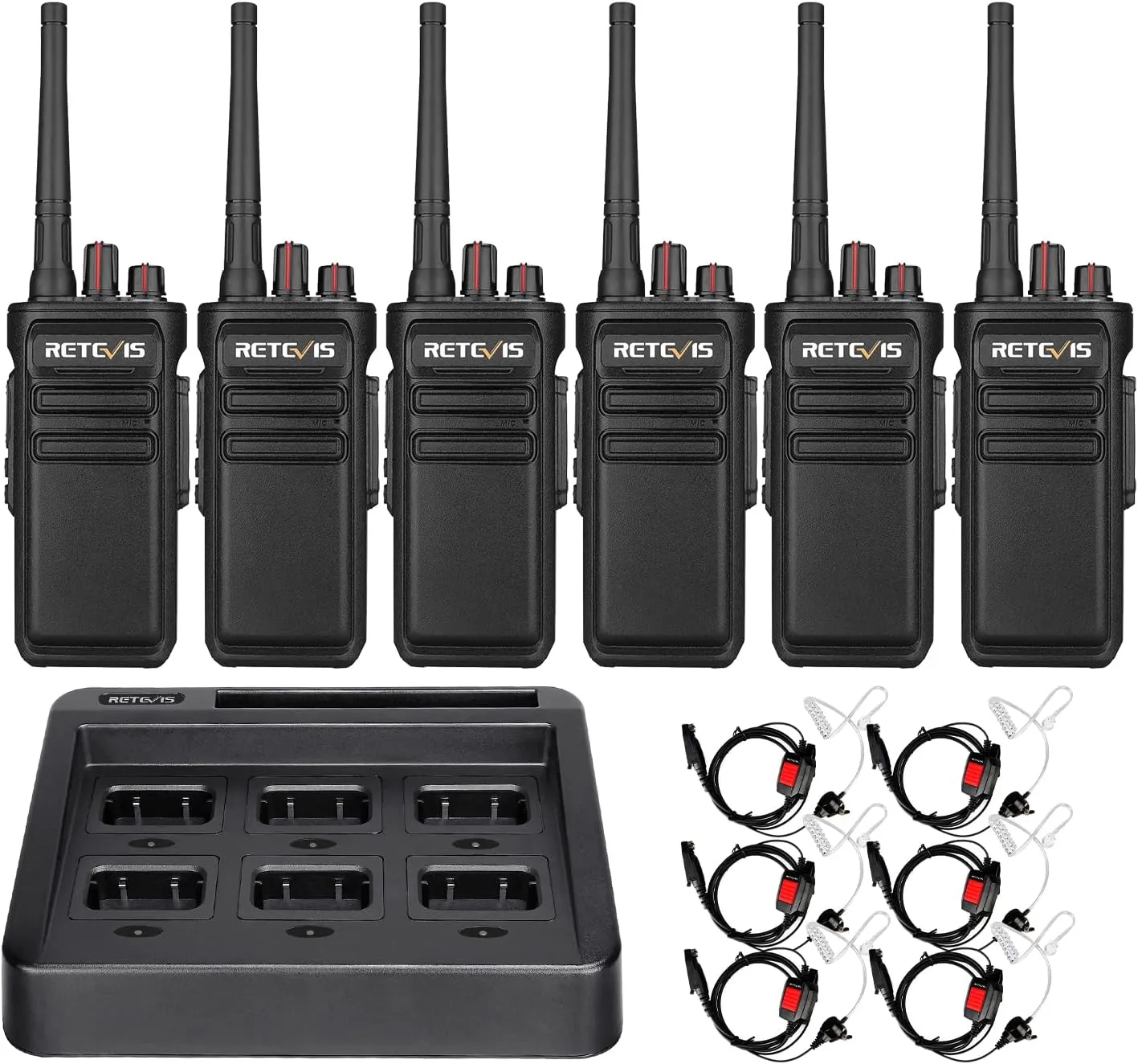 Retevis RB23 IP67 Waterproof Walkie Talkie, Long Range Two-Way Radio with Earphone and Microphone Set, 1800mAh, Rugged, with 6-Way Multi-Bank Charger for Commercial Warehouse Construction (6 Pack)