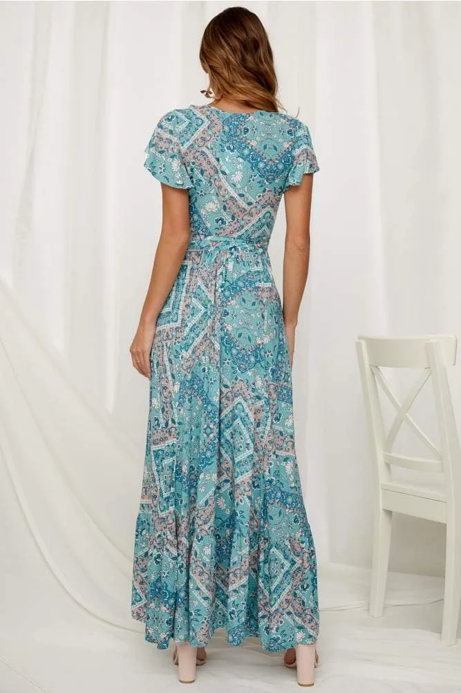 Roll Up Women's Cute Beautiful Lightweight Flowy Ruffle Floral Print Bohemian Maxi Wrap Around Dress