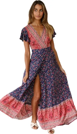 Roll Up Women's Cute Beautiful Lightweight Flowy Ruffle Floral Print Bohemian Maxi Wrap Around Dress