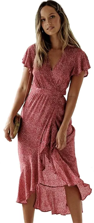 Roll Up Women's Cute Beautiful Lightweight Flowy Ruffle Floral Print Bohemian Maxi Wrap Around Dress