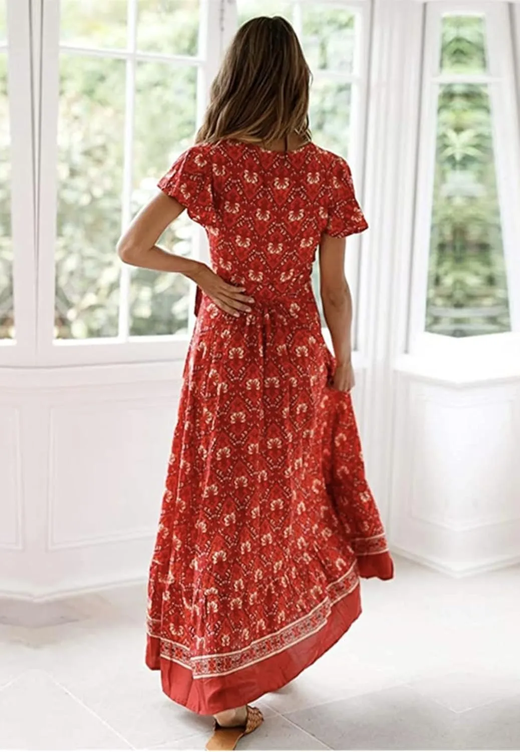 Roll Up Women's Cute Beautiful Lightweight Flowy Ruffle Floral Print Bohemian Maxi Wrap Around Dress