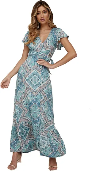 Roll Up Women's Cute Beautiful Lightweight Flowy Ruffle Floral Print Bohemian Maxi Wrap Around Dress