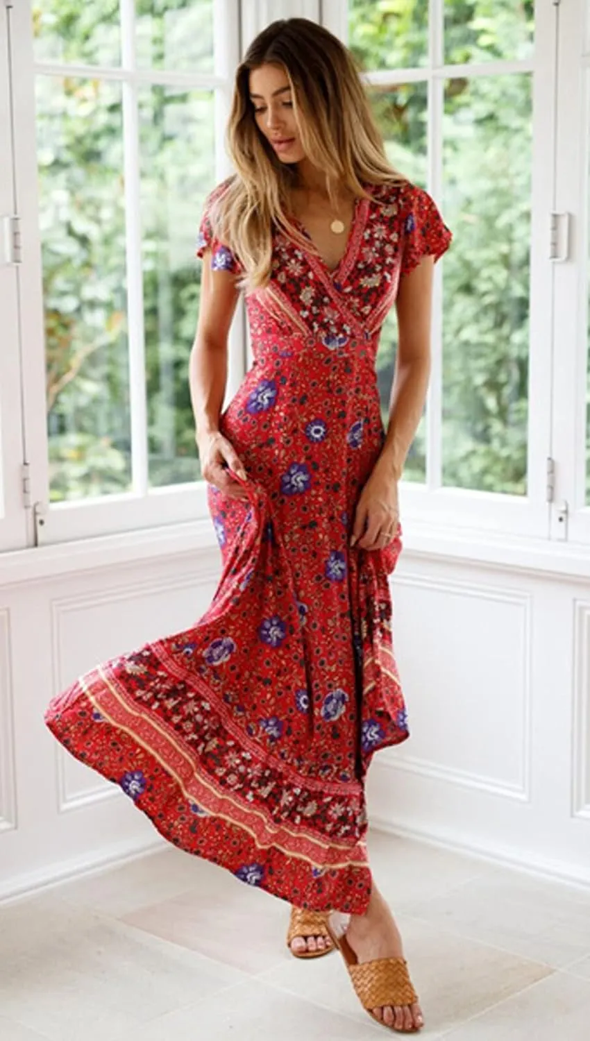 Roll Up Women's Cute Beautiful Lightweight Flowy Ruffle Floral Print Bohemian Maxi Wrap Around Dress