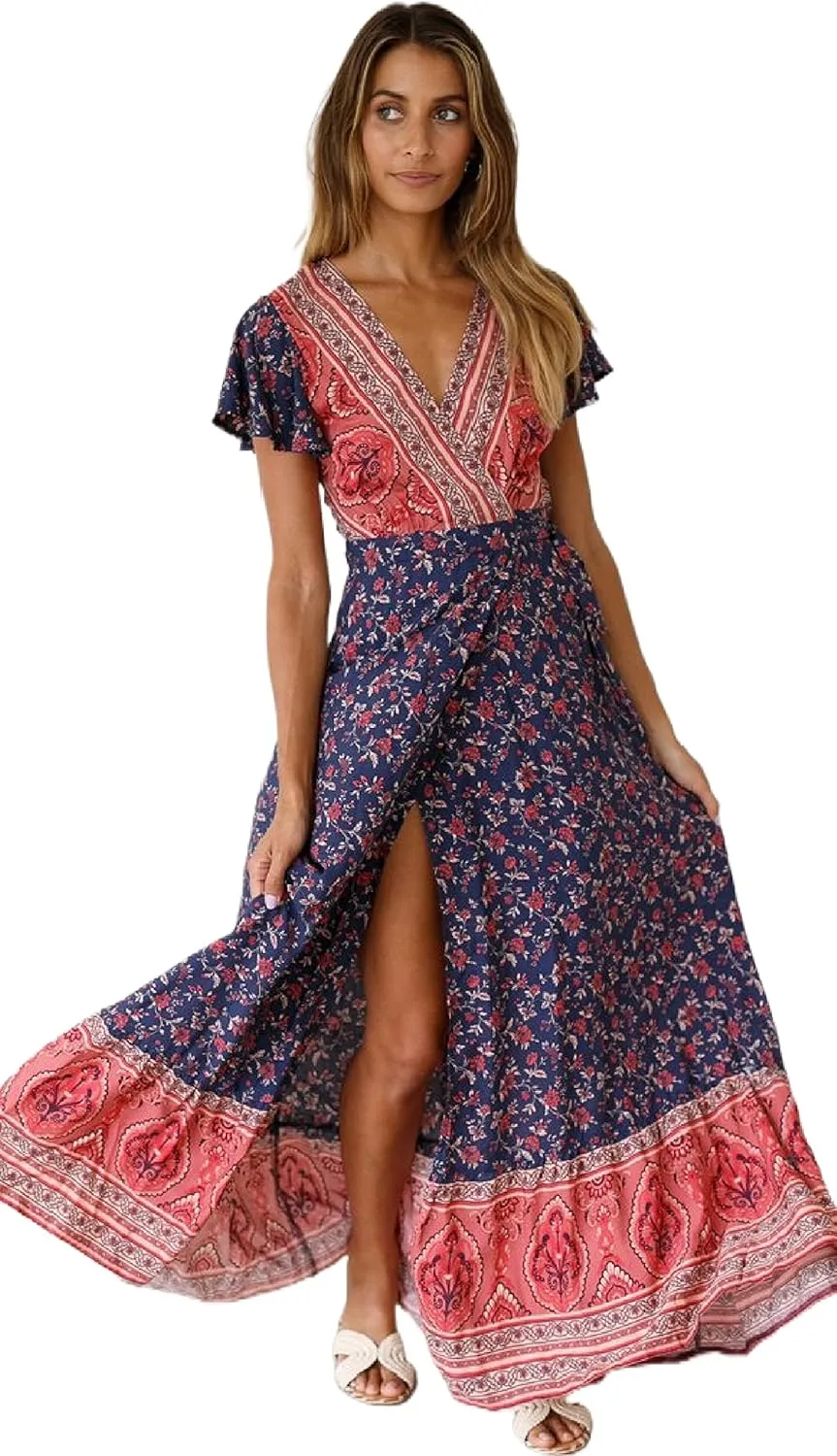Roll Up Women's Cute Beautiful Lightweight Flowy Ruffle Floral Print Bohemian Maxi Wrap Around Dress