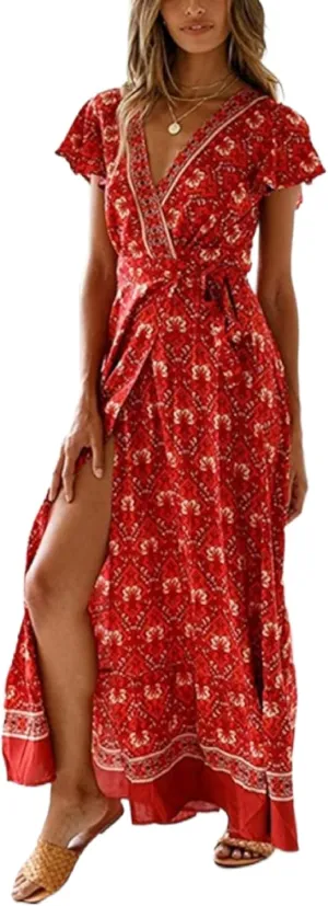Roll Up Women's Cute Beautiful Lightweight Flowy Ruffle Floral Print Bohemian Maxi Wrap Around Dress