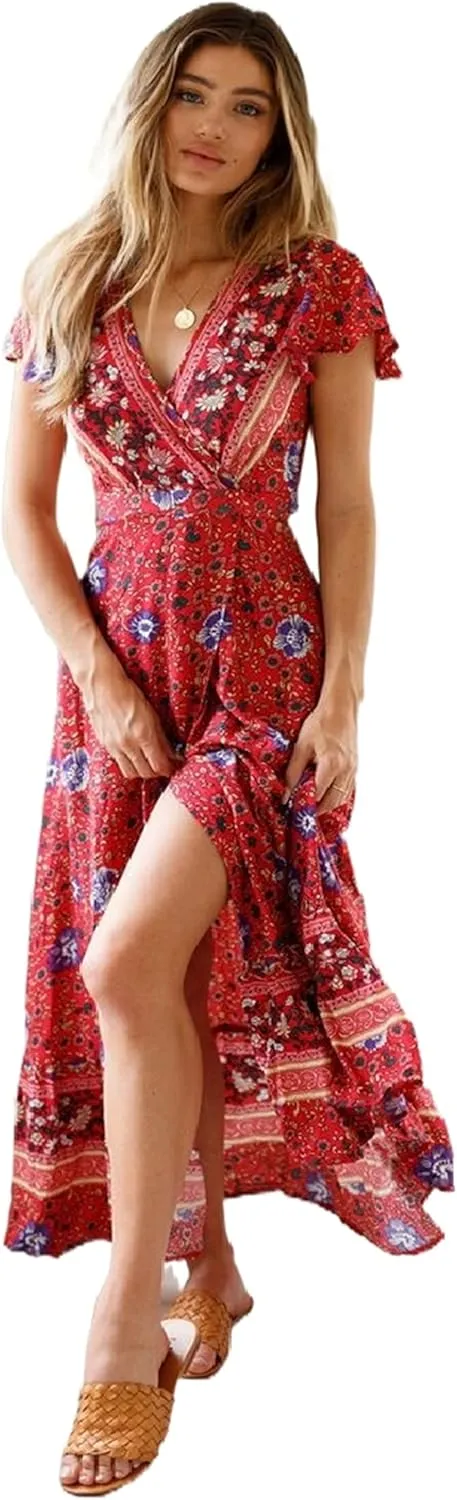 Roll Up Women's Cute Beautiful Lightweight Flowy Ruffle Floral Print Bohemian Maxi Wrap Around Dress