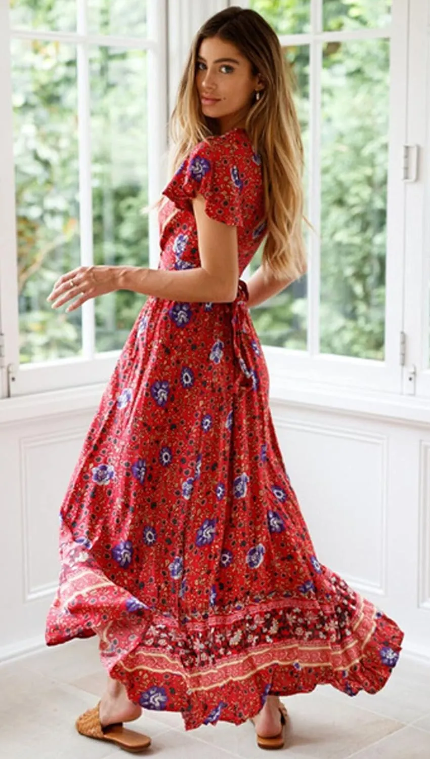 Roll Up Women's Cute Beautiful Lightweight Flowy Ruffle Floral Print Bohemian Maxi Wrap Around Dress