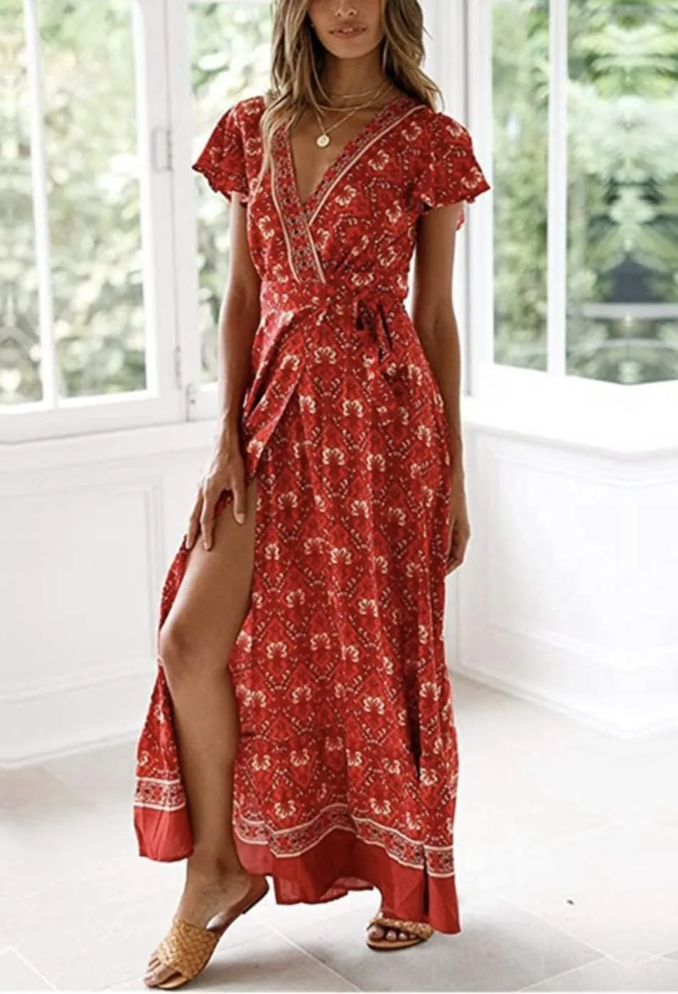 Roll Up Women's Cute Beautiful Lightweight Flowy Ruffle Floral Print Bohemian Maxi Wrap Around Dress