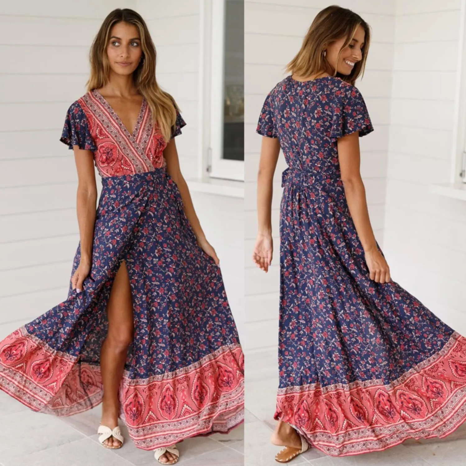 Roll Up Women's Cute Beautiful Lightweight Flowy Ruffle Floral Print Bohemian Maxi Wrap Around Dress