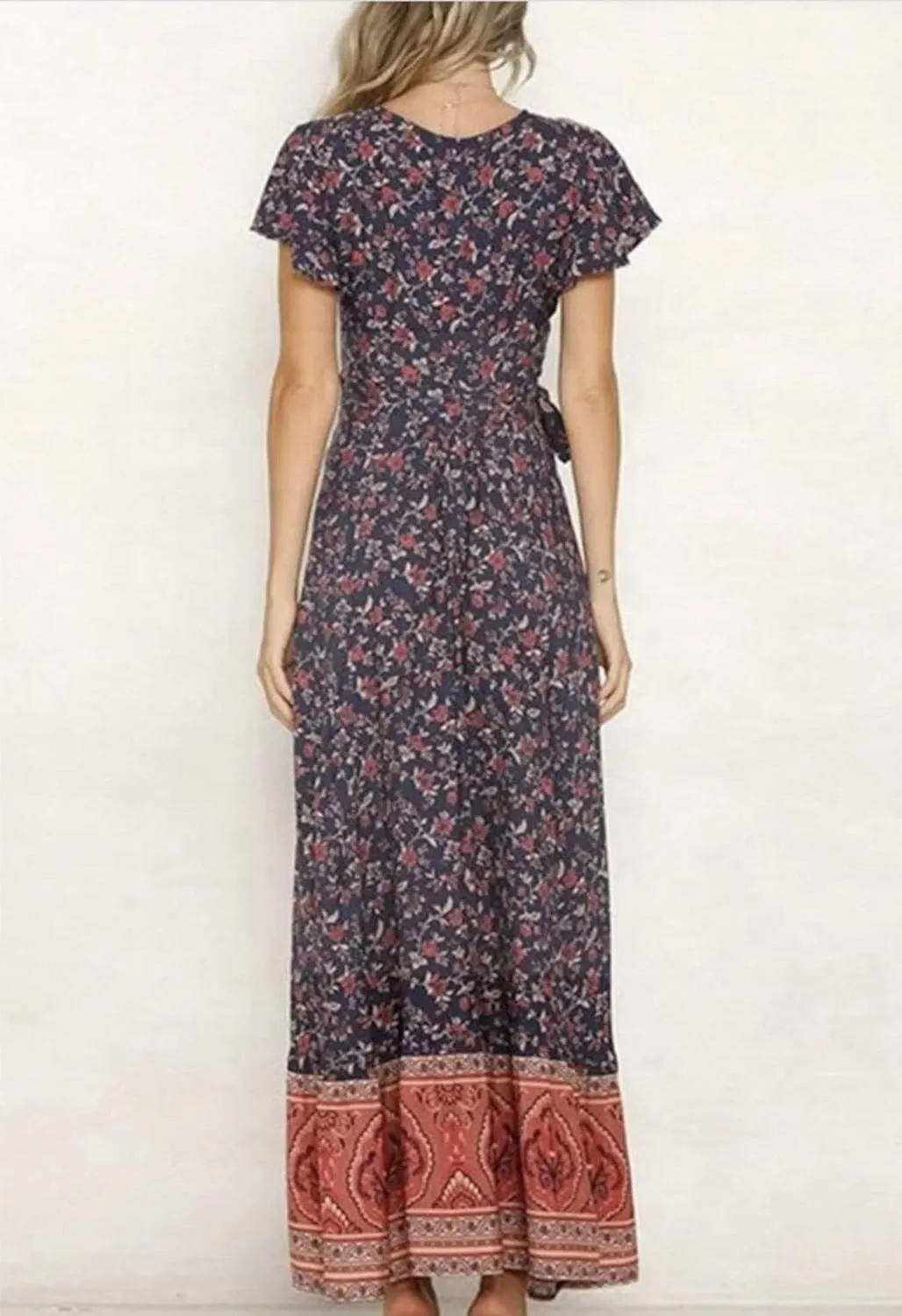 Roll Up Women's Cute Beautiful Lightweight Flowy Ruffle Floral Print Bohemian Maxi Wrap Around Dress