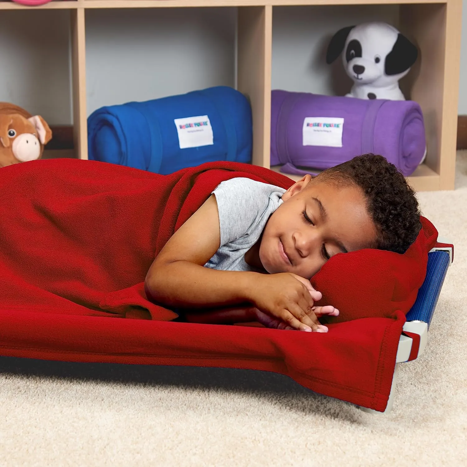 ROLLEE POLLEE Nap Sac Roll Up Napping Blanket with Attached Pillow for Preschool/Daycare, Super Soft with Elastic Straps, Fits Most Mats and Cots (Red)