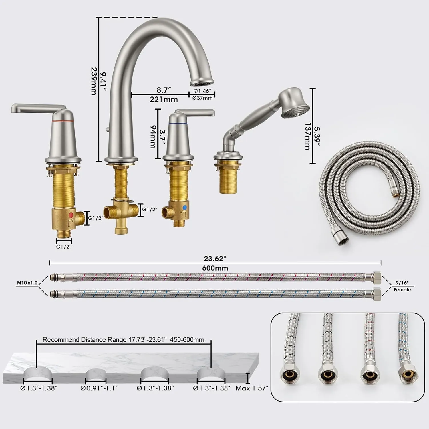 Roman Tub Faucet Set with Hand Shower, KRUZOO Bathtub Faucet Set Trim Kit with Rough-in Valve, Deck Mount Widespread 4 Hole Brass Tub Filler, KZ-9608BN, Brushed Nickel