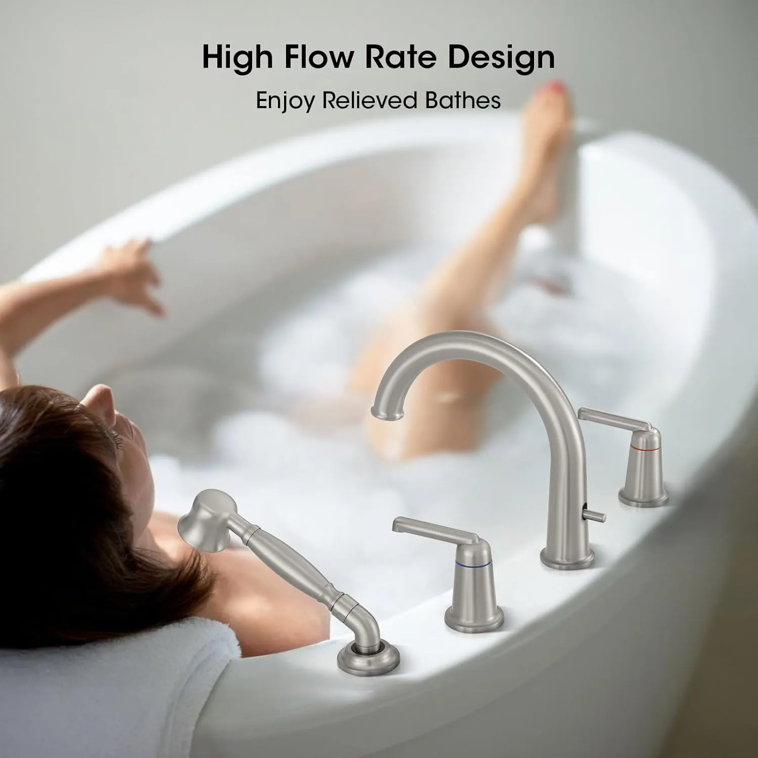 Roman Tub Faucet Set with Hand Shower, KRUZOO Bathtub Faucet Set Trim Kit with Rough-in Valve, Deck Mount Widespread 4 Hole Brass Tub Filler, KZ-9608BN, Brushed Nickel