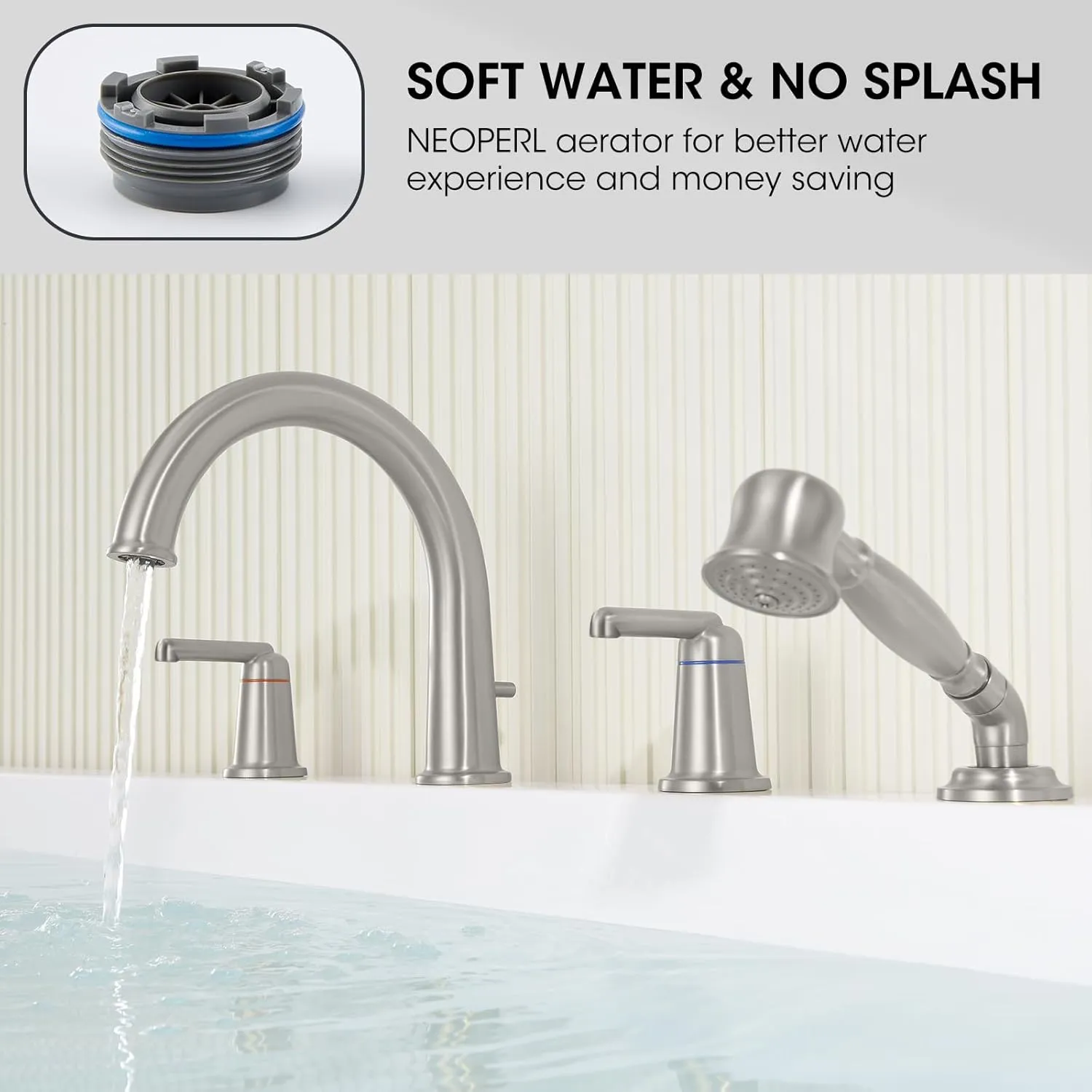 Roman Tub Faucet Set with Hand Shower, KRUZOO Bathtub Faucet Set Trim Kit with Rough-in Valve, Deck Mount Widespread 4 Hole Brass Tub Filler, KZ-9608BN, Brushed Nickel