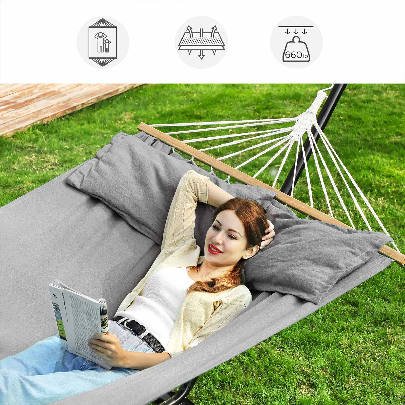 Rootz Double Hammock - Garden Swing - Hanging Bed - Outdoor Lounger - Fits in the Garden - Suitable for Travel - Creates Your Own Retreat - 210cm x 150cm - Gray Blended Fabric - 300kg Capacity