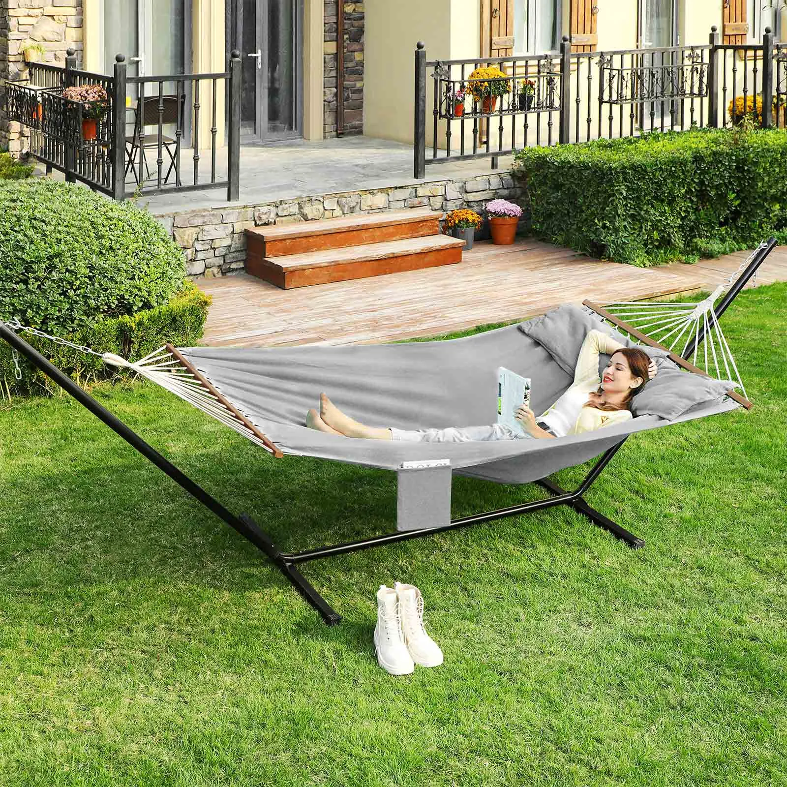 Rootz Double Hammock - Garden Swing - Hanging Bed - Outdoor Lounger - Fits in the Garden - Suitable for Travel - Creates Your Own Retreat - 210cm x 150cm - Gray Blended Fabric - 300kg Capacity