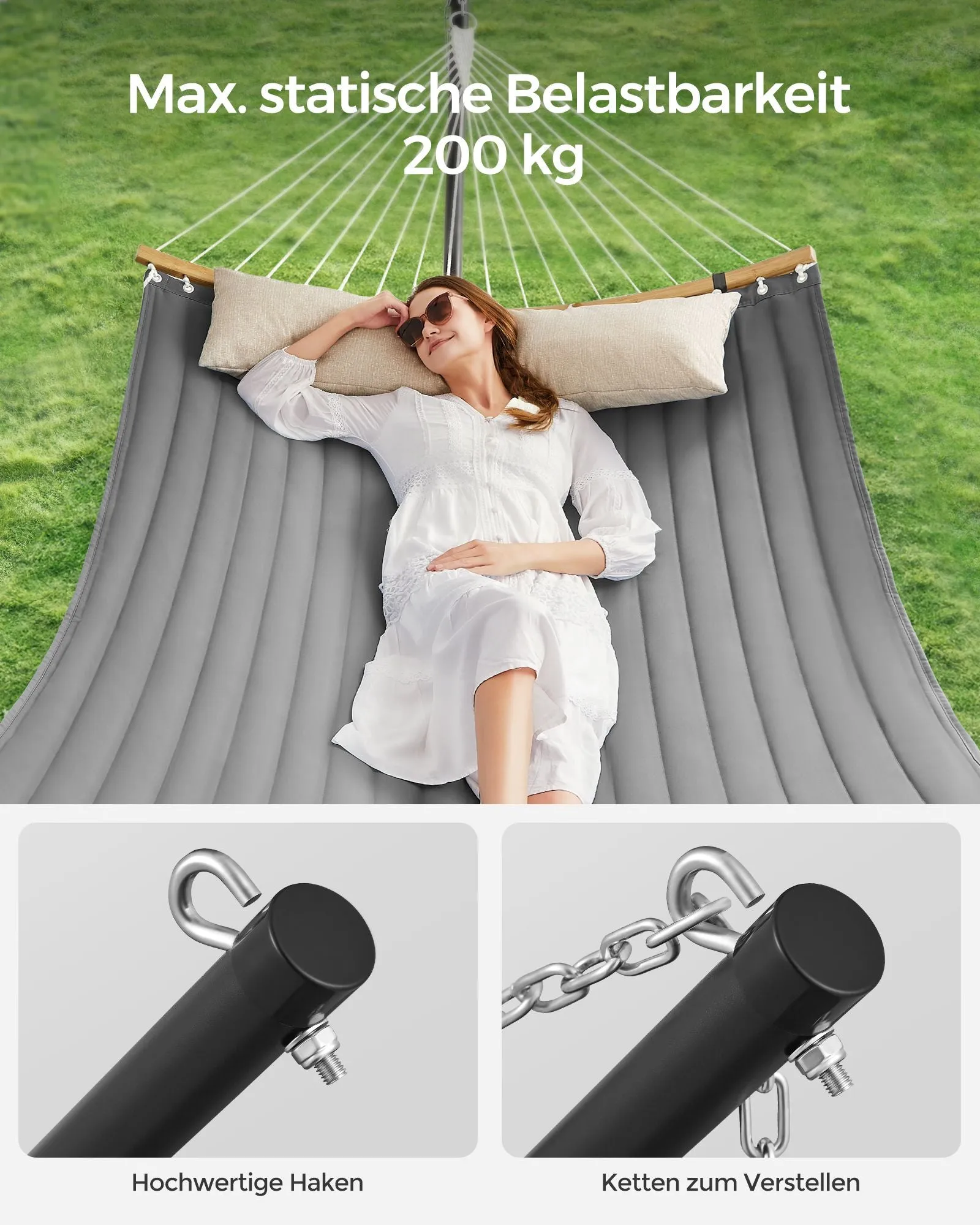 Rootz Hammock with Steel Frame - Portable Swing Bed - Outdoor Lounger - Steel Frame - Polyester Material - 400cm x 100cm x 90cm - Black/Grey - 200kg Capacity