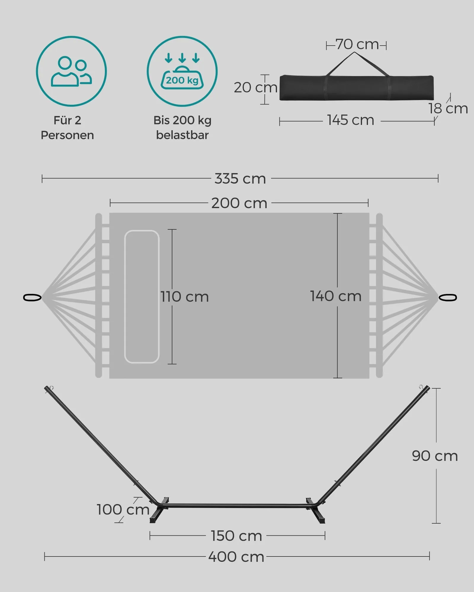 Rootz Hammock with Steel Frame - Portable Swing Bed - Outdoor Lounger - Steel Frame - Polyester Material - 400cm x 100cm x 90cm - Black/Grey - 200kg Capacity