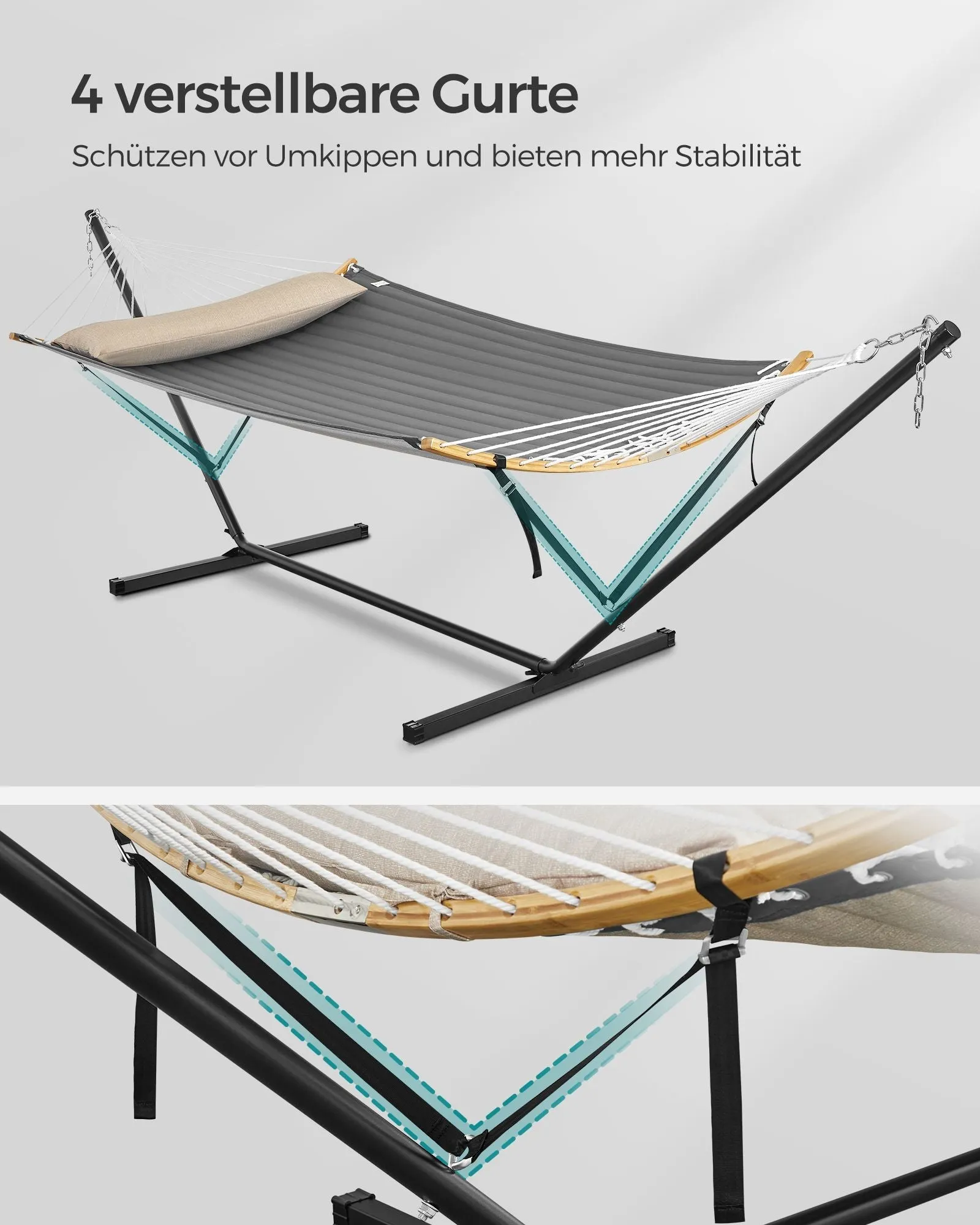 Rootz Hammock with Steel Frame - Portable Swing Bed - Outdoor Lounger - Steel Frame - Polyester Material - 400cm x 100cm x 90cm - Black/Grey - 200kg Capacity